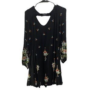 Free People Oxford Embroidered Floral Dress Black Swing Lined Bohemian Sz. XS